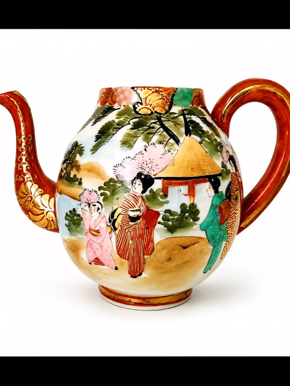 Kutani Vintage Japanese Geisha Gold Accents Porcelain Painted Tea Pot Dish